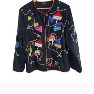 Julia Kim Allure Whimsical Black Quilted Blazer with Colorful House Appliqués